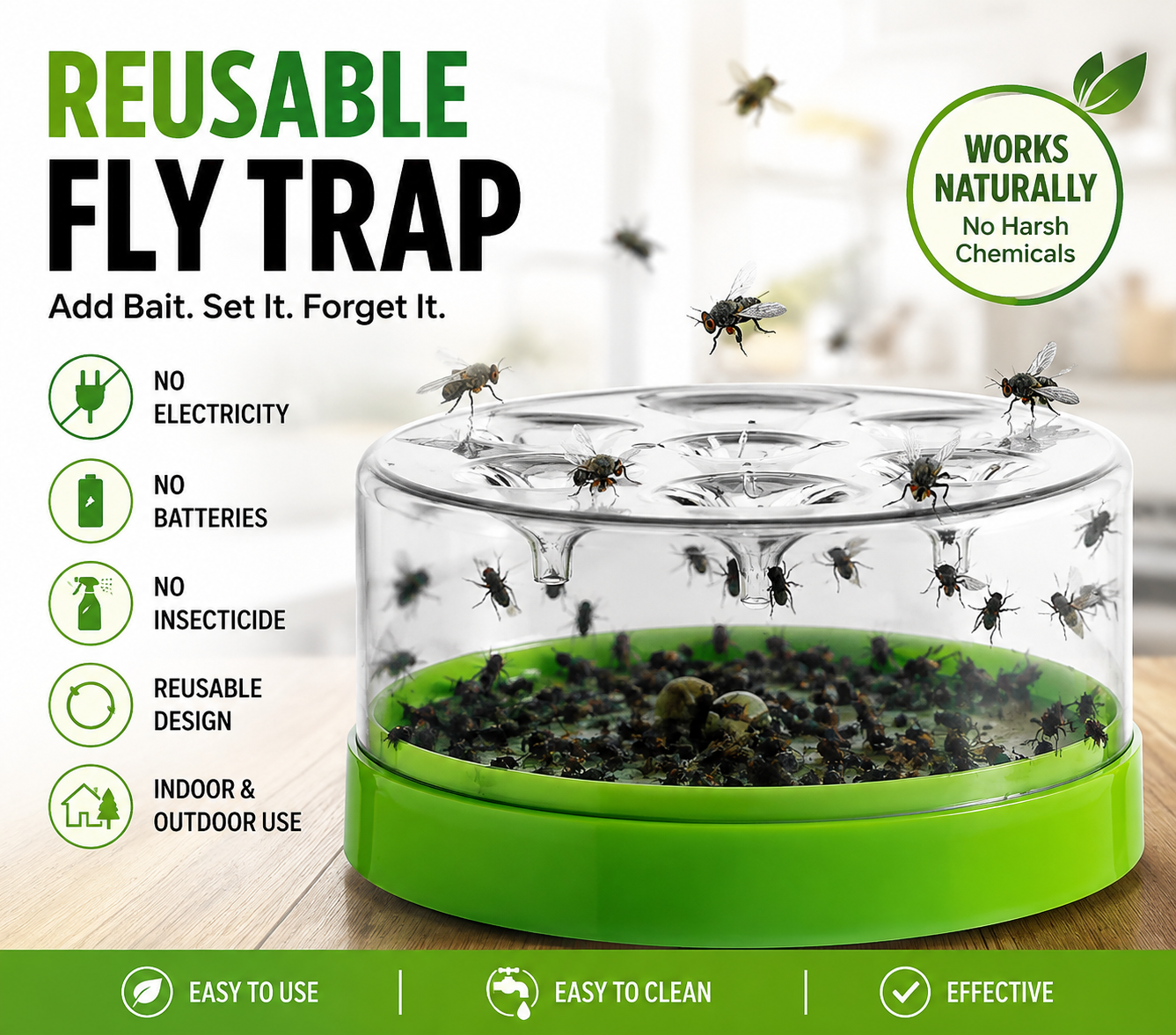 ♻️ Reusable fly trap—no electricity, no poison! 🏠 Safe to use in the kitchen and around children and pets.