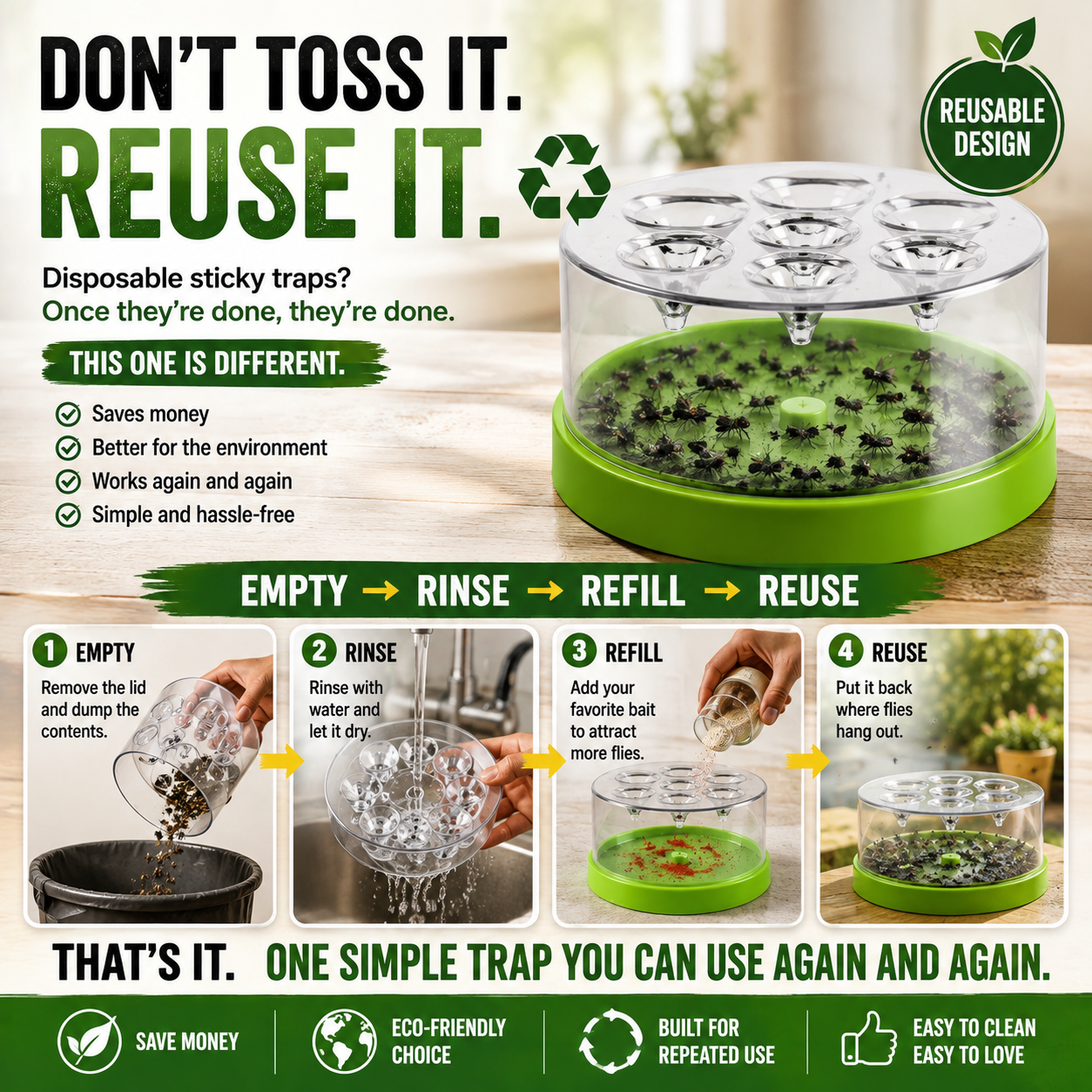 ♻️ Reusable fly trap—no electricity, no poison! 🏠 Safe to use in the kitchen and around children and pets.