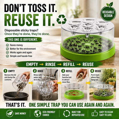 ♻️ Reusable fly trap—no electricity, no poison! 🏠 Safe to use in the kitchen and around children and pets.