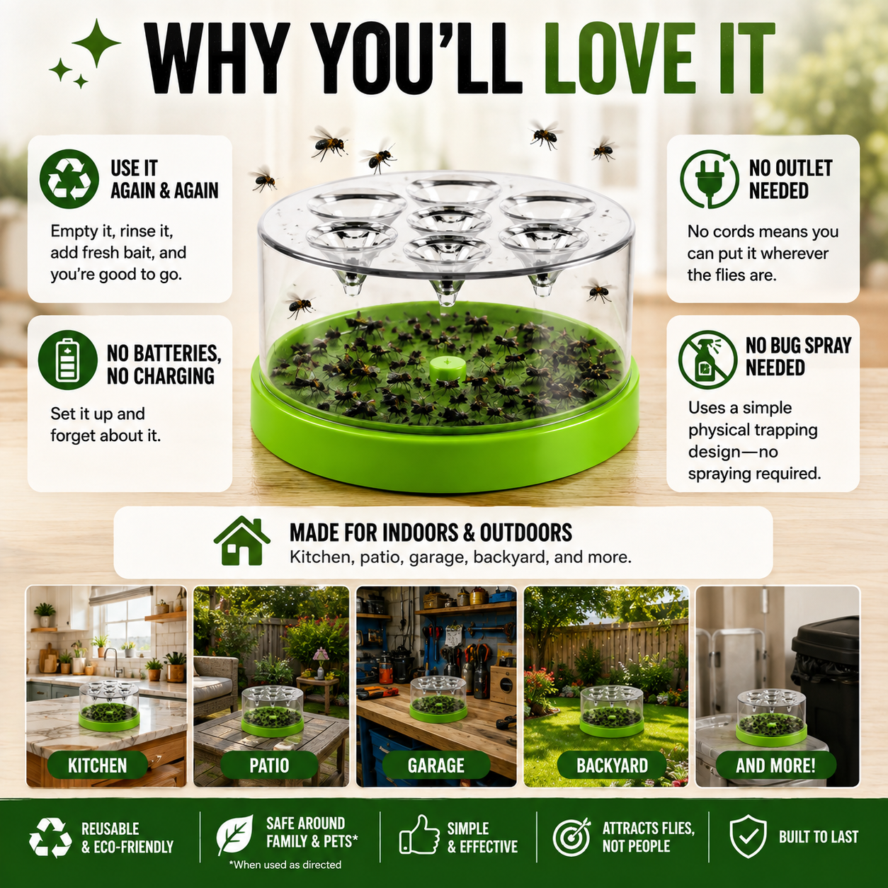 ♻️ Reusable fly trap—no electricity, no poison! 🏠 Safe to use in the kitchen and around children and pets.