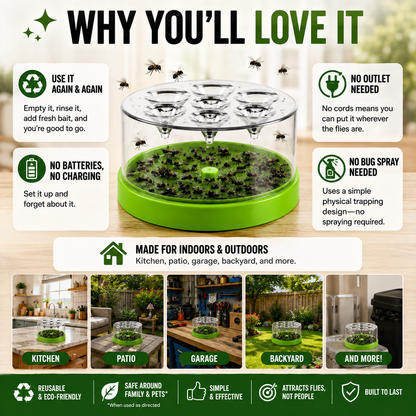 ♻️ Reusable fly trap—no electricity, no poison! 🏠 Safe to use in the kitchen and around children and pets.