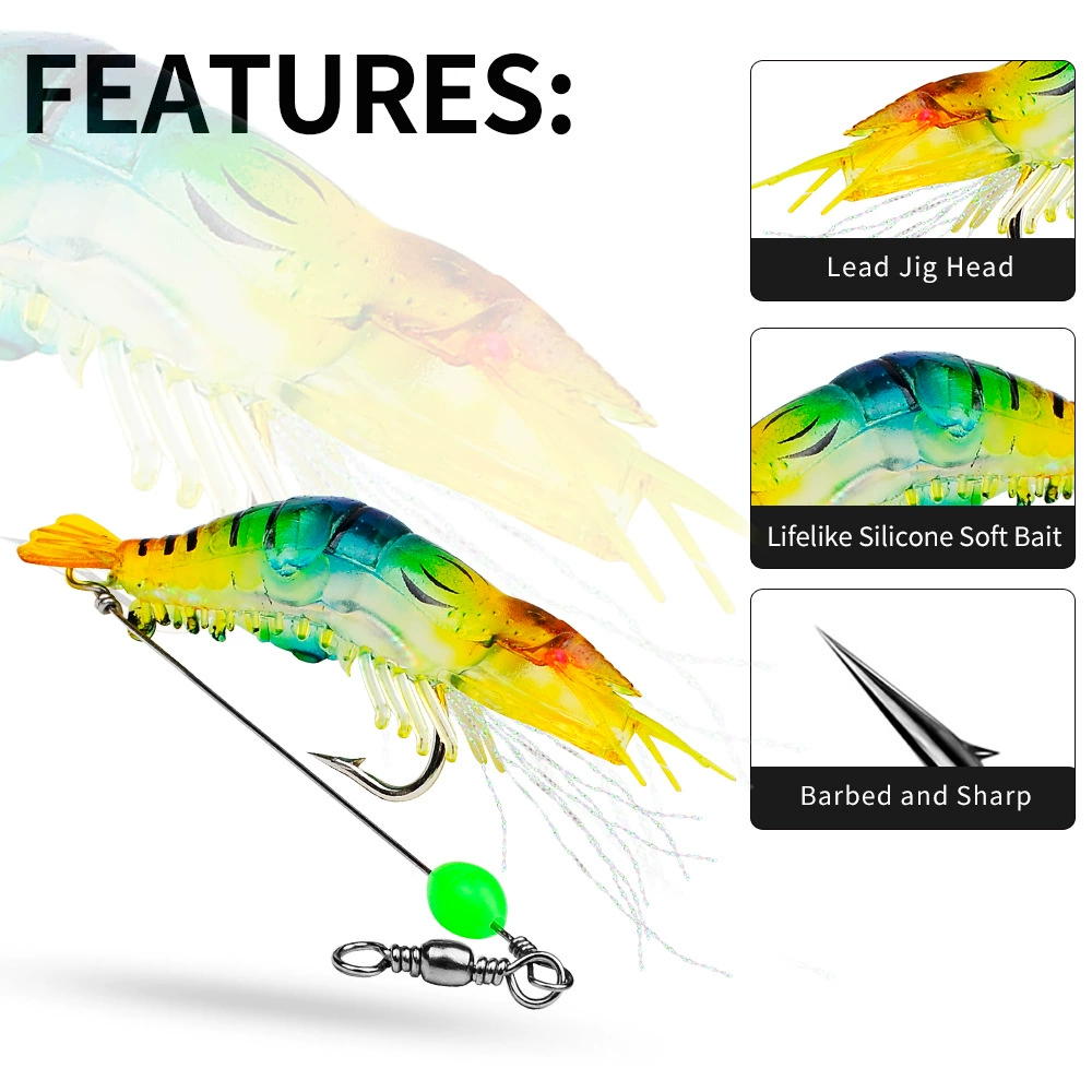 Luminous Shrimp Lure Kit with Hook, Realistic Soft Fishing Bait for Saltwater & Freshwater, 9cm 6g Simulation Shrimp Lures for Bass, Trout, Redfish, Snook