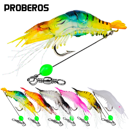 Luminous Shrimp Lure Kit with Hook, Realistic Soft Fishing Bait for Saltwater & Freshwater, 9cm 6g Simulation Shrimp Lures for Bass, Trout, Redfish, Snook