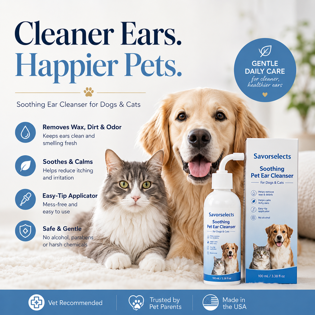 Savorselects™ Soothing Pet Ear Cleaner for Dogs & Cats – Gentle Wax, Dirt & Odor Removal