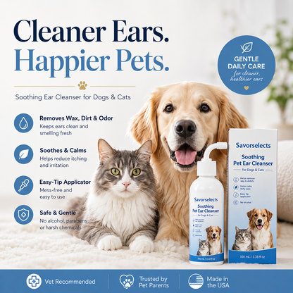 Savorselects™ Soothing Pet Ear Cleaner for Dogs & Cats – Gentle Wax, Dirt & Odor Removal