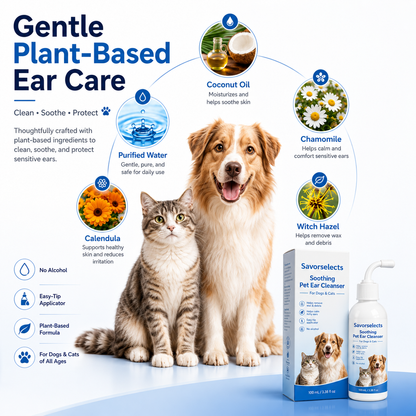 Savorselects™ Soothing Pet Ear Cleaner for Dogs & Cats – Gentle Wax, Dirt & Odor Removal
