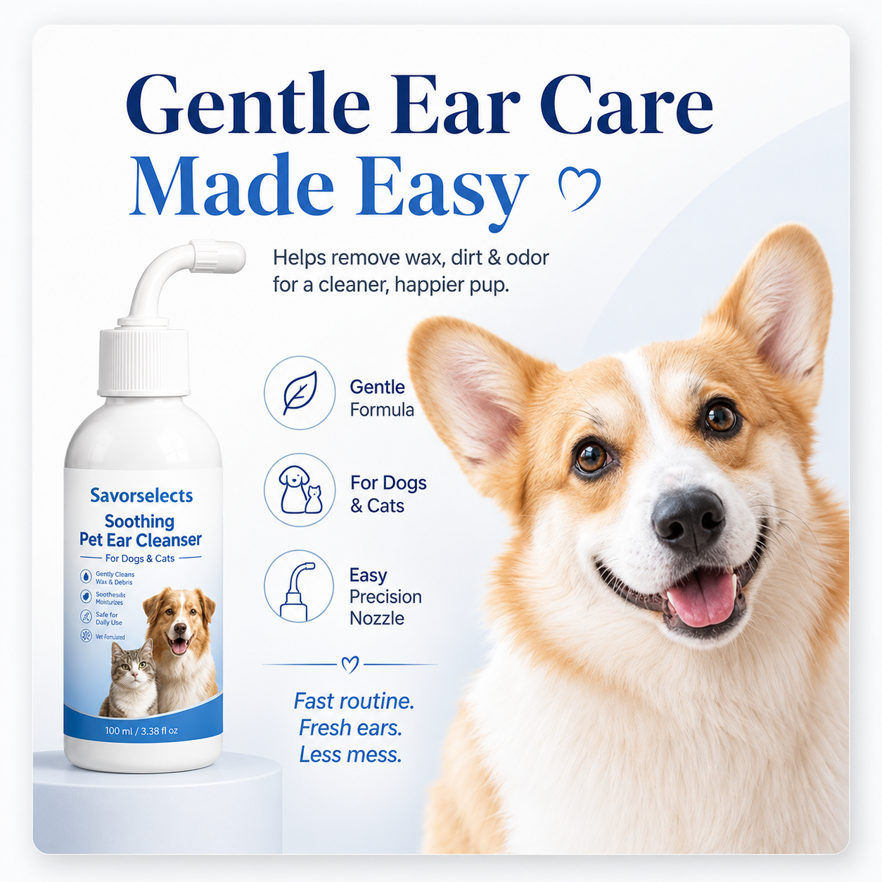 Savorselects™ Soothing Pet Ear Cleaner for Dogs & Cats – Gentle Wax, Dirt & Odor Removal